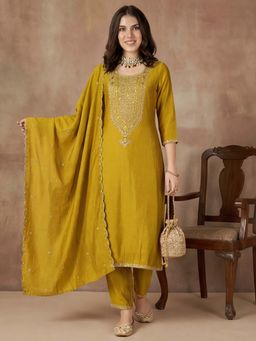Lush Glam - Mustard Embellished Sequined Festive Kurta Pant with Dupatta