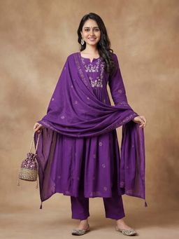 Lush Glam - Purple Embroidered Festive Kurta Pant with Dupatta