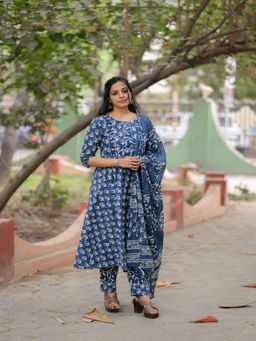 Vastara TheLabel - Indigo Printed Festive Anarkali Pant with Dupatta