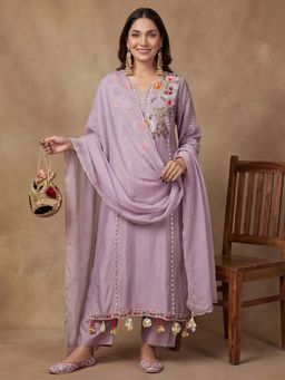 Lush Glam - Lavender Embellished Sequined Festive Kurta Pant with Dupatta
