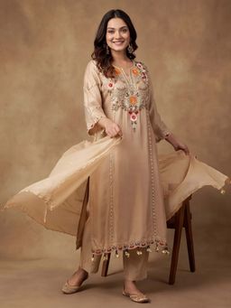 Lush Glam - Cream Beads and Stones Festive Kurta Pant with Dupatta