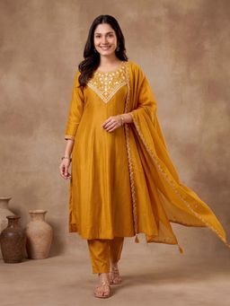 Lush Glam - Yellow Thread Work Festive Kurta Pant with Dupatta