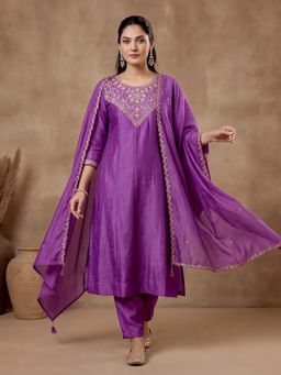 Lush Glam - Purple Thread Work Festive Kurta Pant with Dupatta