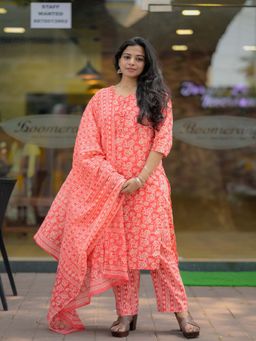 Vastara TheLabel - Peach Hand Block Festive Anarkali Pant with Dupatta
