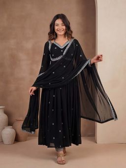Lush Glam - Black Embellished Sequined Festive Anarkali Kurta Pant with Dupatta