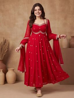 Lush Glam - Red Embroidered Festive Kurta Pant with Dupatta