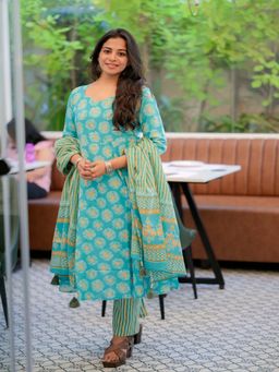 Vastara TheLabel - Blue Printed Festive Anarkali Pant with Dupatta