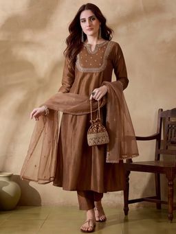 Lush Glam - Brown Embellished Sequined Festive Kurta Pant with Dupatta