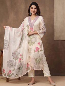Lush Glam - White Embroidered Festive Kurta Pant with Dupatta