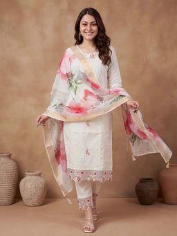 Lush Glam - White Embroidered Festive Kurta Pant with Dupatta