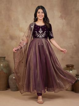 Lush Glam - Burgundy Embroidered Festive Gown Dupatta