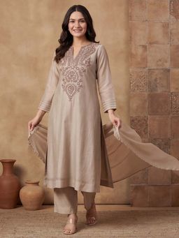 Lush Glam - Beige Mirror Wok Festive Kurta Pant with Dupatta