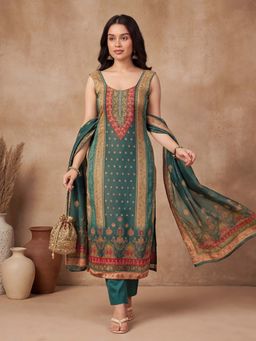Lush Glam - Teal Printed Festive Kurta Pant with Dupatta