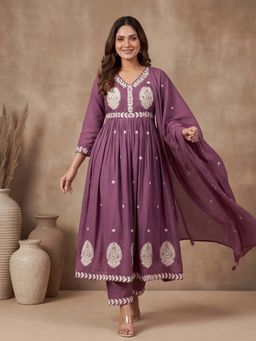 Lush Glam - Mauve Embroidered Festive Anarkali Kurta Pant with Dupatta