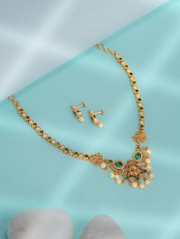 Vosgi - Emerald And Gold Floral Necklace and Earrings