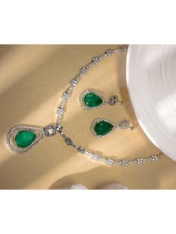 Vosgi - Regal Emerald-Cut Green Stone And Pave Diamond Necklace and Earrings
