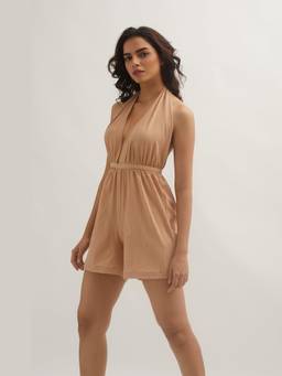 Gatsby Collection - Caramel Beige Halter Playful Jumpsuit