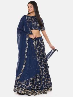 ASMI By Mayank Modi - Navy Blue Chanderi Emb Lehenga