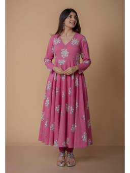The Indian Ethnic Co. - Ruvika Pink Dabu Slub Cotton A Line Kurta