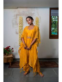 THE RIGHT CUT - Mustard Chanderi Silk Hand Embroidered Cape With Crop Top And Palazzo