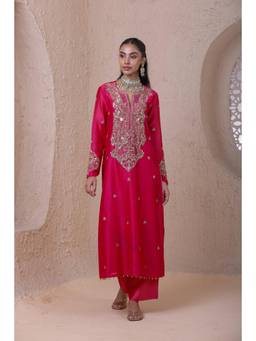 Label Niti Bothra - Rangrez Pink Aari Dori Long Kurta with Salwar