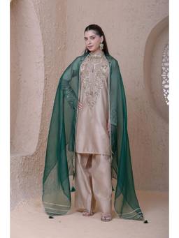 Label Niti Bothra - Rangrez Ivory Aari Dori Short Kurta with Pants and Dupatta