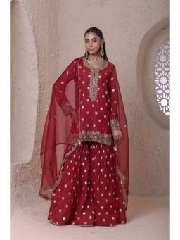 Label Niti Bothra - Rangrez Maroon Butti Kurta with Sharara and Dupatta