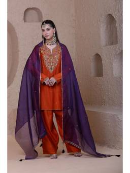 Label Niti Bothra - Rangrez Orange Heavy Neck Short Kurta with Salwar and Dupatta