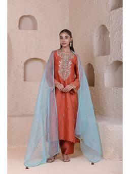 Label Niti Bothra - Rangrez Orange Straight Long Kurta with Salwar and Dupatta