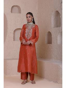 Label Niti Bothra - Rangrez Orange Straight Long Kurta with Salwar