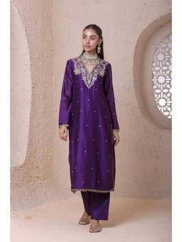 Label Niti Bothra - Rangrez Purple V Neck Long Kurta With Pants And Dupatta