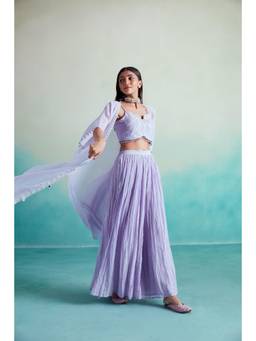 THE RIGHT CUT - Digital Lavender Hand Embroidered Cape With Crop Top And Sharara