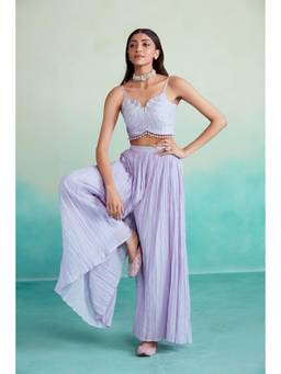 THE RIGHT CUT - Lavender Hand Embroidered Crop Top With Sharara