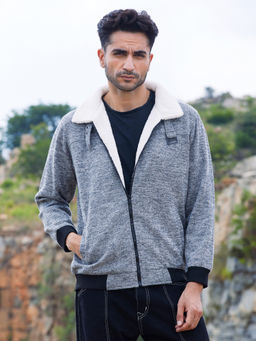Campus Sutra - Mens Light Grey Heathered Fleece Detail Jacket