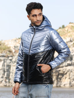 Campus Sutra - Mens Electric Blue and Carbon Black Metallic Quilted Puffer Jacket