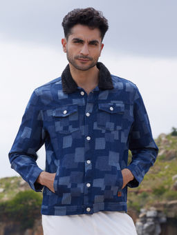 Campus Sutra - Mens Navy Blue Bar Self Design Quilted Jacket