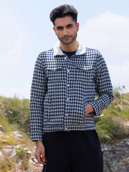 Campus Sutra - Mens Navy Blue and Moon Grey Fleece Houndstooth Denim Jacket