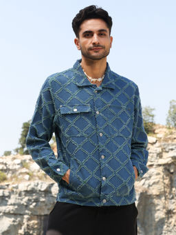 Campus Sutra - Mens Blue Criss Cross Denim Jacket