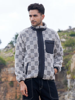 Campus Sutra - Mens Moon Grey Fleece Buffalo Check Puffer Jacket