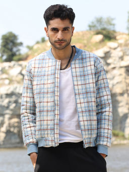 Campus Sutra - Mens Icy Blue and Brown Tartan Plaid Bomber Jacket