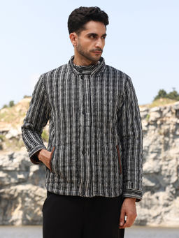 Campus Sutra - Mens Carbon Black and Chalk White Multitrack Stripes Quilted Jacket