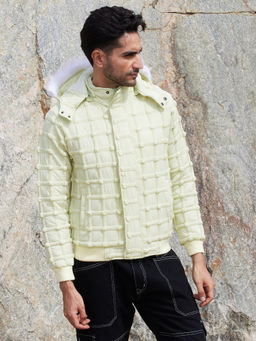 Campus Sutra - Mens Pale Yellow Self Design Puffer Jacket with Fleece Hood