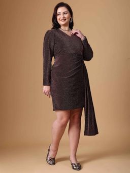 Curvy Lane - Plus Size Brown Full Sleeve V-Neck Dress