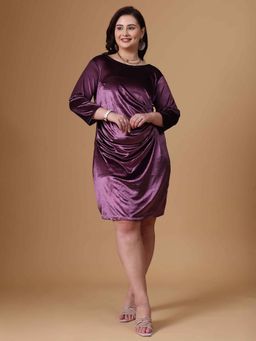 Curvy Lane - Plus Size Purple Velvet Round Neck Solid Dress
