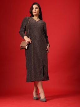 Curvy Lane - Plus Size Metalic Brown Straight Dress