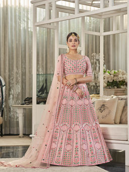 Odette - Pink Designer Silk Floral Embroidered Semi Stitched Lehenga With Unstitched Blouse (Set of 3)