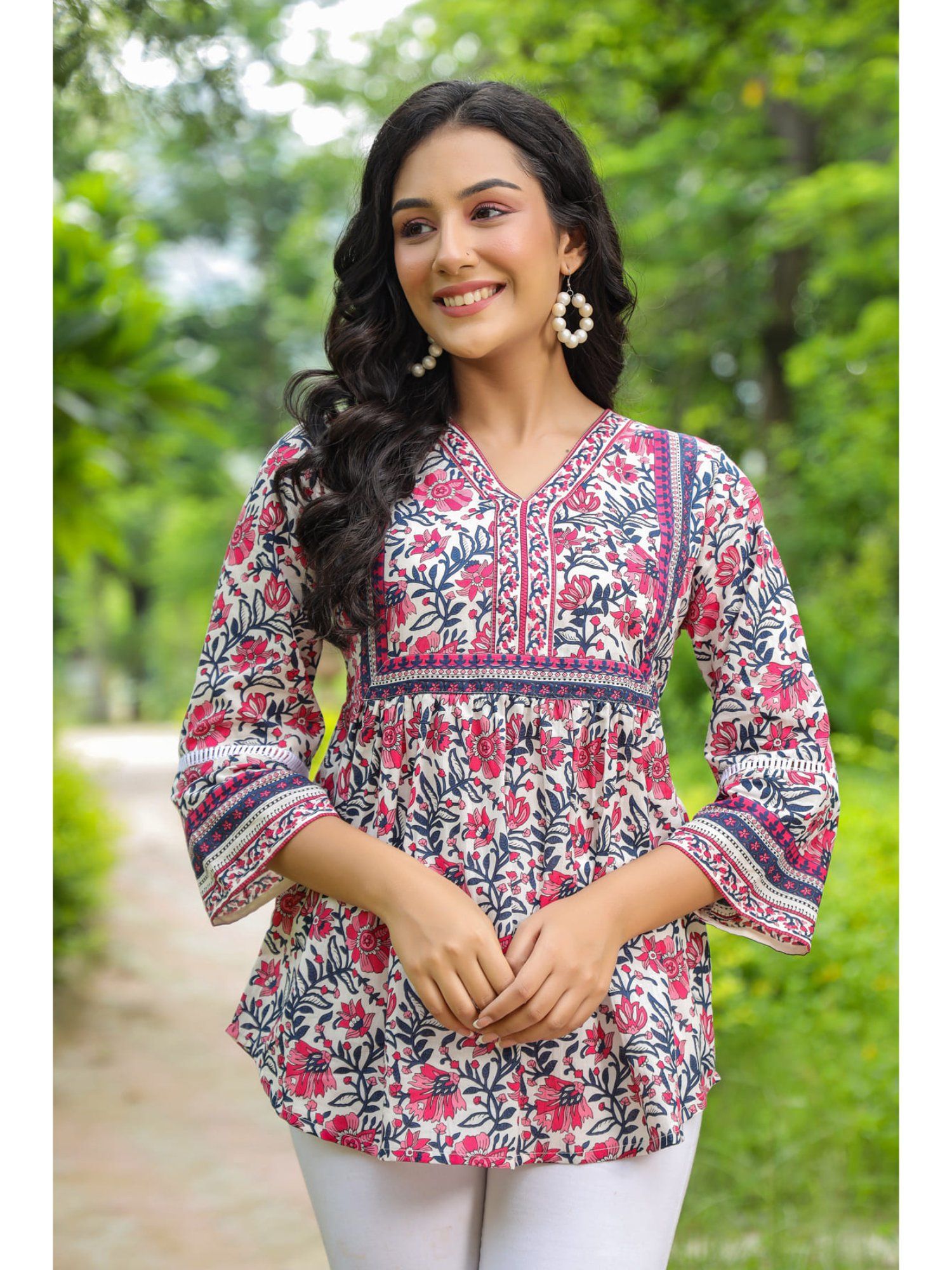 Women Pink Floral Print Cotton Empire Top-picture-10