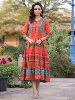 Rain & Rainbow - Women Orange Printed Round Neck Sequins Anarkali Kurta