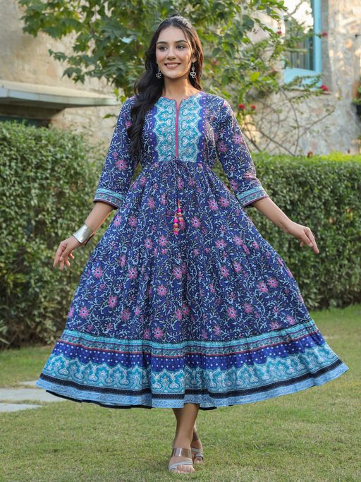 Buy Rain & Rainbow Women Blue Floral Printed Ethnic Dresses Online