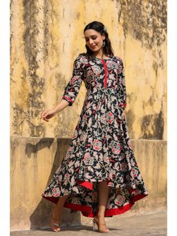 Rain & Rainbow - Women Black Floral Printed Pure Cotton High-Low Fit & Flare Ethnic Dress
